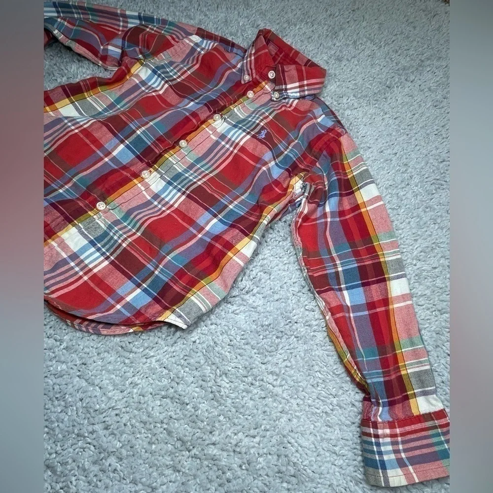 Ralph Lauren Shirt Boys 4 Madras Plaid Long Sleeve Button Down Casual Blue Pony